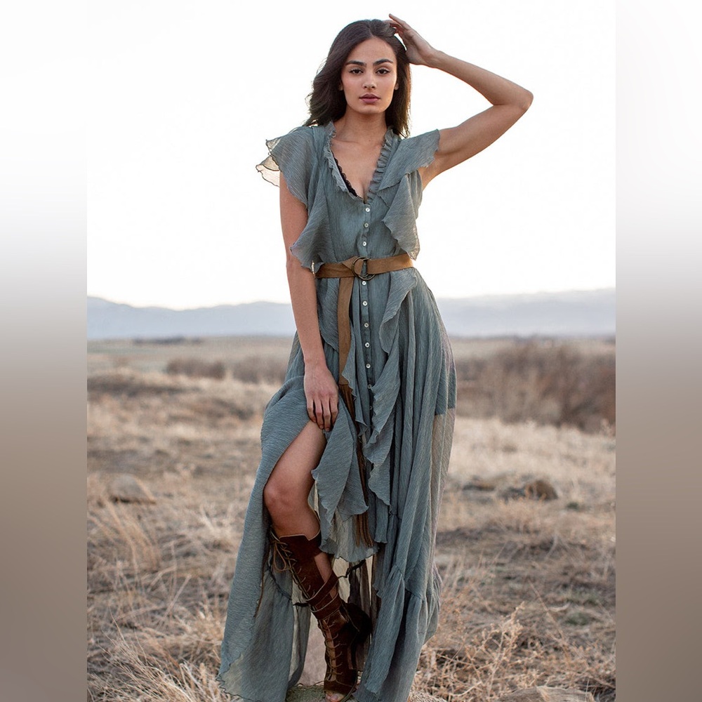 Joyfolie Sage Green High-Low Ruffle Maxi Dress